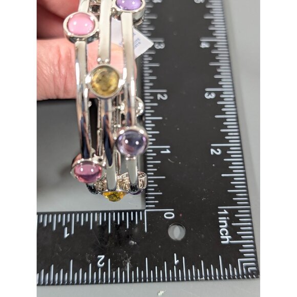 Lia Sophia Stacatto Bracelet Silver Tone Pink Purple Cab 7.5" Stretch - Picture 8 of 8